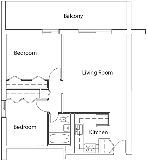 Floor plan for 2 beds, 1 bath, 840 sqft